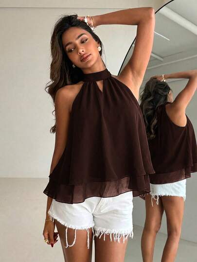 Aloruh Áo vest xếp ly cổ yếm thanh lịch, lãng mạn