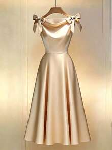 Elenzga Nuevo vestido sin mangas con lazo decorativo, vestido midi elegante para uso diario para mujeres - Caqui - Ver 4