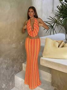 Bonvoyette Ținută de plajă pentru femei, material tricotat texturat, design cu decolteu drapat în V adânc, decor metalic, fustă maxi bodycon, elegantă, casual, sexy, de resort, set de costume de baie din 3 piese pentru femei - Portocale - Vizualizare 3