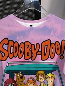 SCOOBY-DOO X SHEIN Áo thun nữ kiểu dáng thường ngày, in hình hoạt hình, nhuộm tie-dye, thích hợp cho mùa hè. - trắng - Xem 5