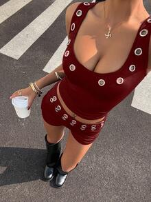 Bitrose Streetwear Wanita Musim Panas Set 2 Potong Rompi Tanpa Lengan dengan Dekorasi Lubang Kancing dan Celana Pendek Pinggang Rendah - Merah - View 7