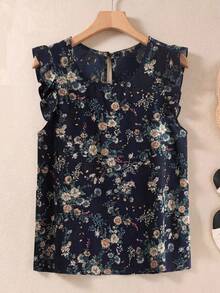 SHEIN LUNE Ruffle Armhole Floral Top,Casual - Navy Blue - View 1