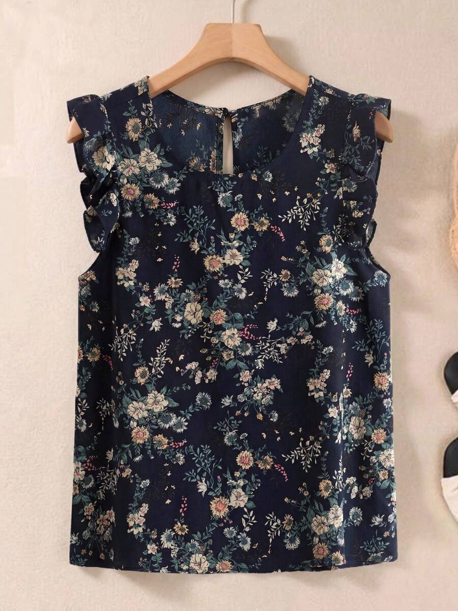 SHEIN LUNE Ruffle Armhole Floral Top,Casual - Navy Blue - View 1