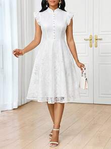 SHEIN Lady Đầm nữ màu trơn phối ren, xếp ly ở gấu váy, kiểu dáng thanh lịch, dài ngang gối. - trắng - Xem 4