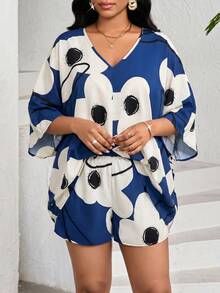 SHEIN Lady Damen lässig Blumen Muster Fledermaus Ärmel Top und Shorts 2 Stücke Set - Verschiedenfarbig - Übersicht 3