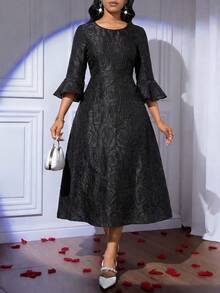 SHEIN Lady Đầm nữ thanh lịch tay bồng xếp ly, eo thắt, chất liệu jacquard, thích hợp cho mùa xuân và mùa thu. - màu đen - Xem 4
