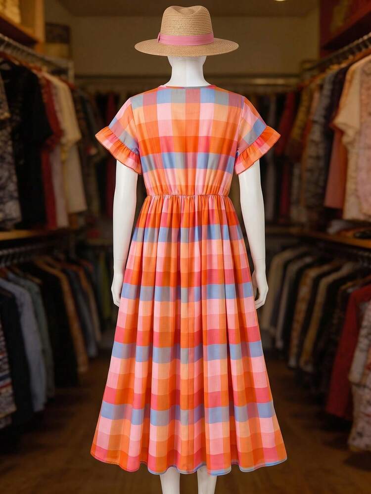 Plus Size Casual Plaid Waist Cinched Dress Summer Summer Outfit For Women Festival Outfits For Women Beach Outfits For Women Vacation Outfits Women Holiday Outfits  For Women Country Concert Outfit  Plaid Dress