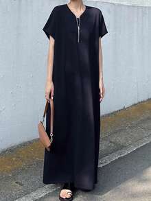 FRIFUL Vestido de verano casual de manga corta, suelto y de unicolor con cremallera de metal para mujeres, atuendo para vacaciones y graduación - Azul Marino - Ver 5