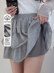FRIFUL Women's Casual Solid Color Layered Ruffle Hem A-Line Skirt - Grey - View 1