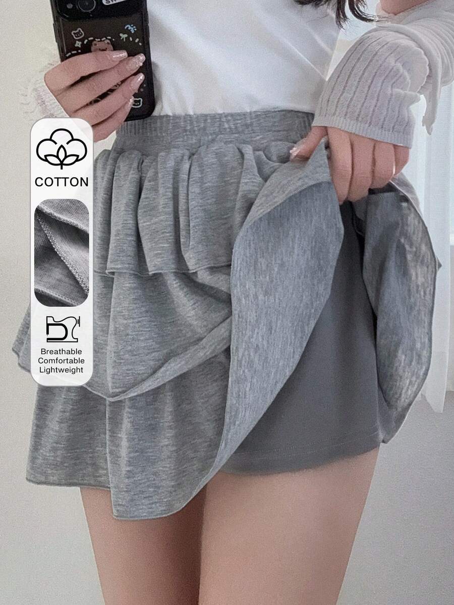 FRIFUL Women's Casual Solid Color Layered Ruffle Hem A-Line Skirt - Grey - View 1