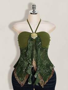 SHEIN ICON Plus Size Retro Boho Y2K Style Seashell Decor Asymmetrical Hem Camisole Dress, Paisley Vintage Print Beach Vacation Holiday, Summer Olive Green - Green - View 8