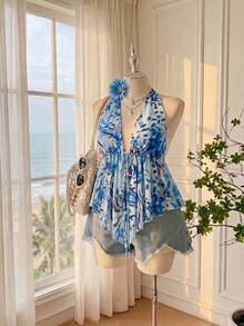 Comfortcana Plus Size Women Brown Halter Neck Tie Ruffle Hem Blouse, Spring/Summer Holiday Beach Gym Vacation Party Boho - Blue - View 3