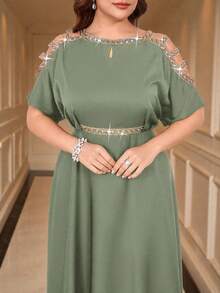 SHEIN Clasi Plus Size Elegant Splice Ribbon Open Shoulder Waist Tie Dress, Summer - Mint Green - View 5
