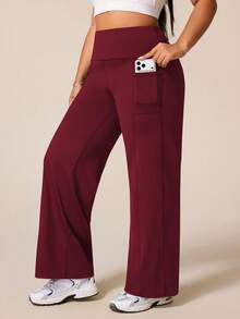 SHEIN Rhythm Era Plus Size Women High Waist Loose Solid Color Sports Leggings - Burgundy - View 3