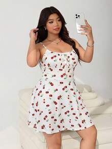 Solflare Plus Size Cherry Print Flare Hem Slip Dress, Waist-Cinched A-Line, Suitable For Spring & Summer, Beach Sundress, Holiday Outfits Boho, Corset - White - View 6