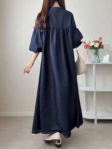 FRIFUL Vestido vaquero de mujer de manga farol suelta de hombros caídos, de un solo pecho, para uso casual, trayecto diario, primavera/verano/otoño - Azul lavado oscuro - Ver 2