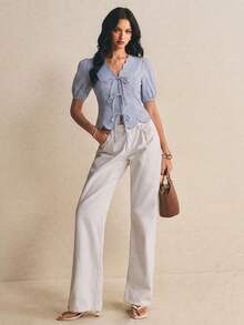 Poéselle Women's Casual Striped Tie-Front Shirt, Summer,Summer Top - Blue and White - View 7