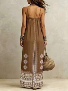 SHEIN Women's Spaghetti Strap Jumpsuit Brown And White Polka Dot,Summer,Boho,Holiday,Vacation,Holiday Vintage Print Loose Wide-Leg Draping Casual Romper - Multicolor - View 2