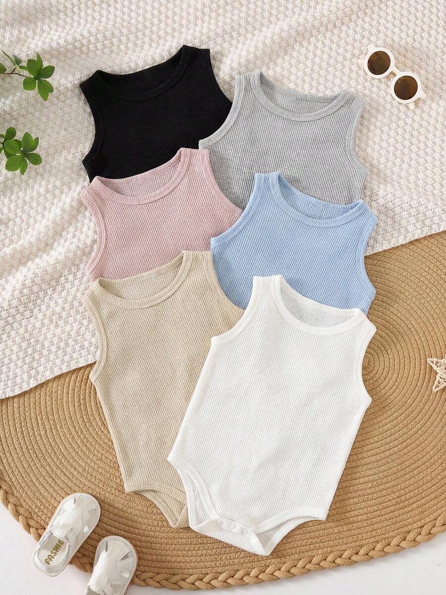 SHEIN Vintaside Kids 男婴夏季多色无袖连体衣六件套,多种颜色组合满足不同搭配需求,风格简约休闲,舒适优雅。采用华夫格面料,宽松版型。小号设计,肩部开口。下摆采用波浪形搭扣,方便穿脱。适合居家休闲、运动、幼儿活动、公园散步、聚会等各种场合。 - 彩色 - 查看 1