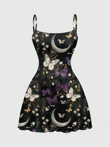 ROMWE Fairycore Plus Size Women's Gothic Dark Sun Moon Star Butterfly Moon Sexy Elastic Waist Slip Dress For Summer Gym Brown - White - View 1