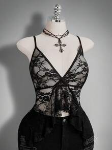 SHEIN ICON 夏季大码性感荷叶边薄纱蕾丝吊带背心 - 黑色 - 查看 10