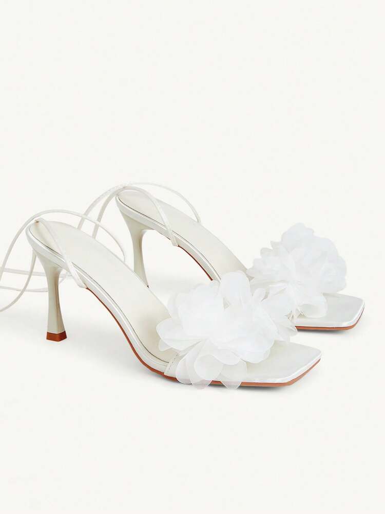 CUCCOO CHICEST Spring/Summer Mesh Flowers Decorative One-Buckle Buckle Open-Toe Thick Heel, Fairy Style Satin Mesh Light Pink Ladies High Heel Sandals Dating Party Commuting Shopping Banquet Wedding Festival Gifts