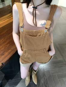 DAZY Short en kaki vintage lavé pour festival de musique, Saint-Valentin, usage décontracté de rue et extérieur. Salopette en jean pour femmes, printemps et été - Kaki - Voir 10