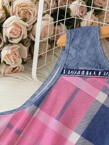 EMERY ROSE Plus Size Women Denim Effect Plaid Print Round Neck Dress Fall - Multicolor - View 3