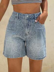 Livesso Shorts vaqueros de pierna recta con estampado floral vintage lavado para mujer, adecuados para primavera, verano, playa y estilo callejero - Lavado ligero - Ver 4