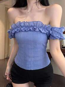 DAZY Blusa elegante de manga corta con volantes y patchwork para mujer, ideal para primavera y verano, fiestas, bodas, días del amante y vacaciones - Azul - Ver 8