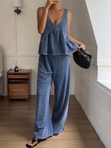 Livesso Bộ đồ denim 2 mảnh dành cho nữ, màu xanh cổ điển, gồm áo hai dây và áo sơ mi denim, quần ống đứng, thích hợp cho công sở và đi nghỉ mát, mùa xuân và hè. - Màu xanh lam - Xem 8