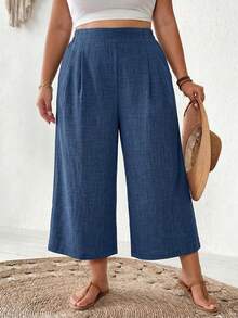 SHEIN CURVE+ Quần ống rộng màu hồng dành cho nữ cỡ lớn, thời trang xuân hè, dáng rộng thoải mái, mát mẻ, cơ bản, đa năng, chất liệu vải mềm mại, cạp chun, kiểu dáng đơn giản, thích hợp mặc hàng ngày, kiểu Capri, trang phục đi nghỉ mát cho nữ/2026/Năm mới - Màu xanh lam - Xem 2