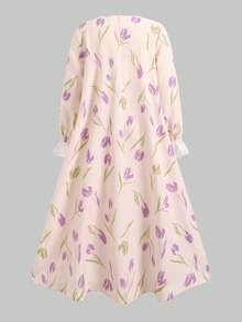 SHEIN 少女款薰衣草紫色極簡碎花蕾絲飾邊V領長袖寬鬆休閒甜美居家睡裙，度假休閒居家長袖碎花洋裝，紫色少女洋裝 - 淡紫色 - 查看 2