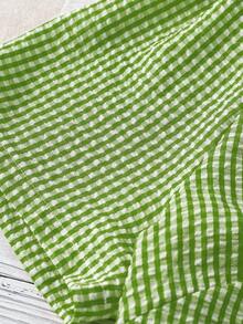 Linhara Plus Size Women's Solid Color Textured V-Neck Short Sleeve Casual Regular Blouse, Suitable For Going Out, Vacation, Club - Green - View 4