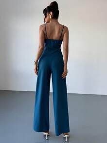 Conjunto de 2 piezas de verano/ 2016 de estilo minimalista retro casual de estilo commuter con top sin mangas y pantalones de pierna ancha de cintura alta de unicolor para mujer - Agua verde azul - Ver 2