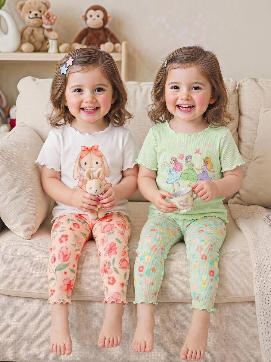 SHEIN Bộ 4 món đồ ngủ cho bé gái, họa tiết gấu hoạt hình dễ thương và hoa, cổ tròn, tay ngắn, viền bèo nhún, chất liệu dệt kim, thoải mái. - Nhiều màu - Xem 1