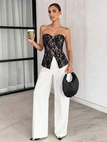 Lavishia Women's Solid Color Front Button Lace Crop Top With Side Slit Hem,Summer Top - Black - View 5