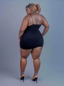 CurvyTilda Plus Size Women's Summer Sexy Black Knitted Mesh Bodycon Mini Dress With Spaghetti Straps Dress, For Hourglass Body Shape - Black - View 2