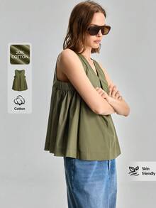 Ontre Áo kiểu nữ không tay cổ chữ V màu trơn, phong cách thường ngày - xanh quân đội - Xem 5