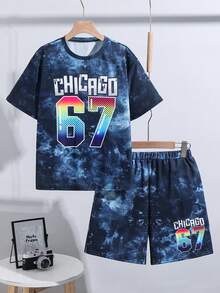 SHEIN 2件套儿童/青少年男童休闲街头风扎染简约67图案短袖圆领套装，适合通勤、上学、日常休闲穿着、运动、春夏穿着 - 藍色 - 查看 2