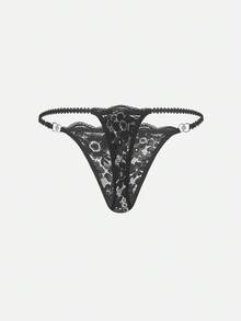 Bella Beso Tanga de lencería sexy con detalles de lazo y encaje floral - Negro - Ver 2