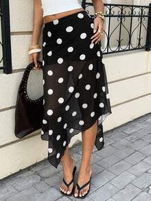 Siren Gaze Chân váy nữ thanh lịch họa tiết chấm bi, vạt bất đối xứng, thích hợp cho mùa hè. - màu đen - Xem 4