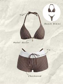 Elavelle Bikini Halter Motif Kotak-kotak Cokelat untuk Wanita dengan Tali Pengikat di Belakang dan Bagian Bawah Model Thong - Coklat - View 3