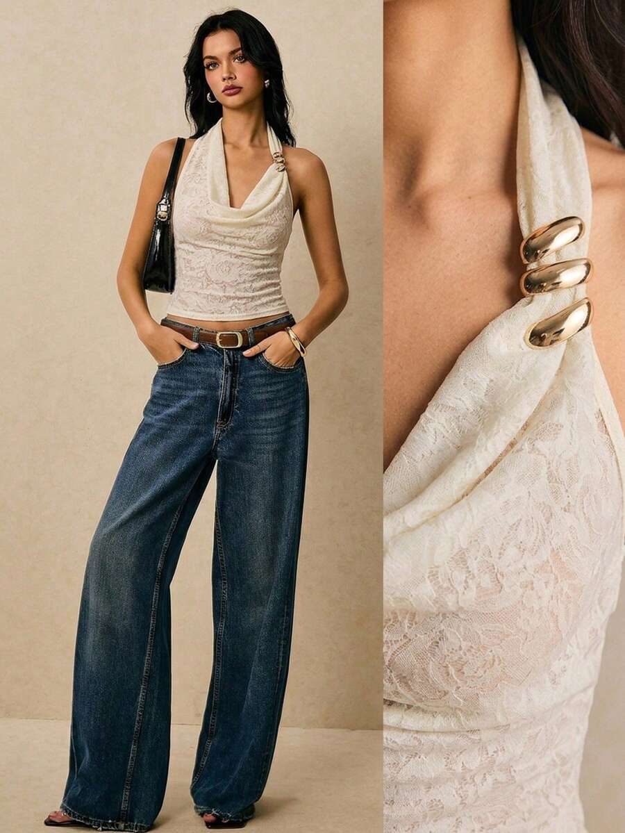 Poéselle 女士浪漫优雅针织蕾丝提花背心，金属扣装饰，垂领，荷叶边领