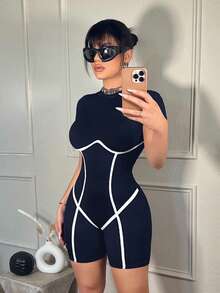 SHEIN SXY 女款拼色修身日常休閒連身褲 - 藏蓝色 - 查看 3
