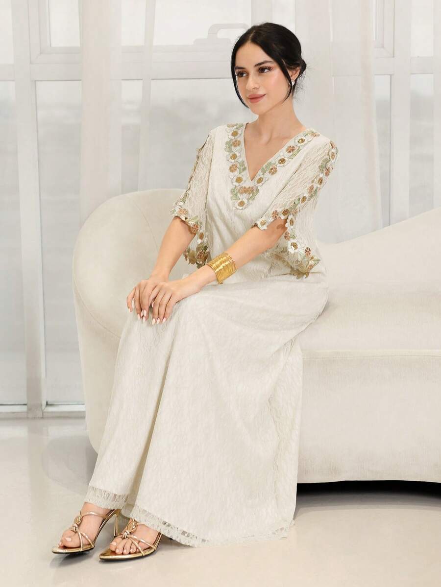 Yasmyna Women's Elegant Arabic Traditional Long Robe With Lace Applique Decoration - Yellow - View 1