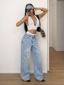 StreetHx Quần jeans ống rộng cạp thấp thêu họa tiết, phong cách đường phố thường ngày, thời trang. - Rửa nhẹ - Xem 6
