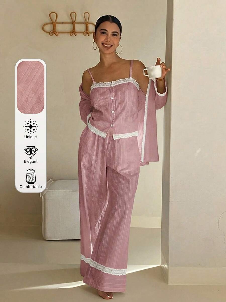 DAZY 3件套度假风波点纹理面料女士夏季睡衣套装 - 淡紫色 - 查看 1