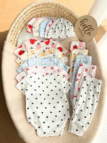 15-Piece Newborn Girl Casual Cute Knitted Striped Strawberry Print Short-Sleeve Romper And Hat Set (Cartoon Style) - Multicolor - View 6