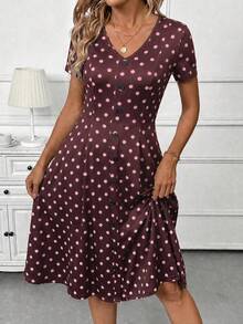 SHEIN Clasi Đầm ngắn tay cổ chữ V in họa tiết chấm bi dành cho nữ - Màu Tím - Xem 3
